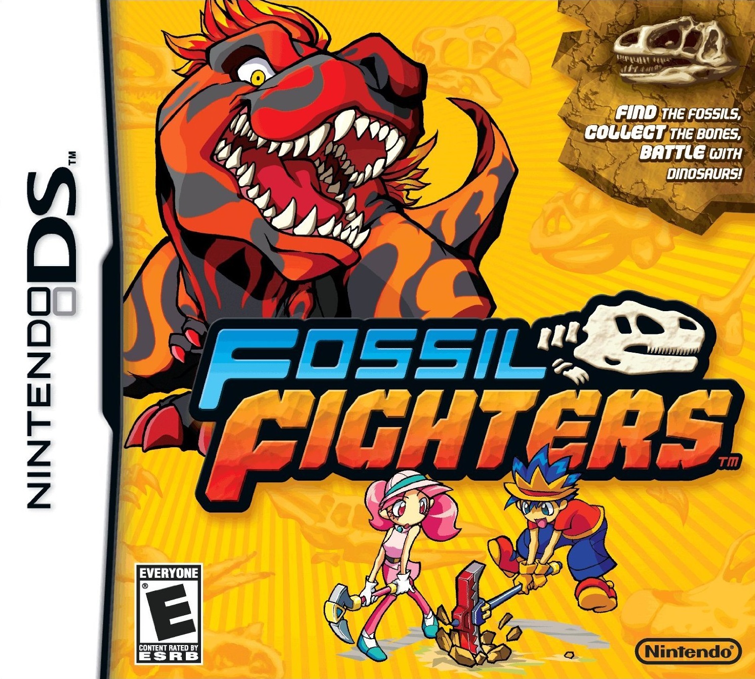 the Nintendo DS box art for Fossil Fighters. it features a red and black t-rex baring its teeth and two children digging with pickaxes. the background is yellow with faint lines drawing attention to the t-rex, and there are also faint images of different head fossils from the game. the logo also includes a small dinosaur skull